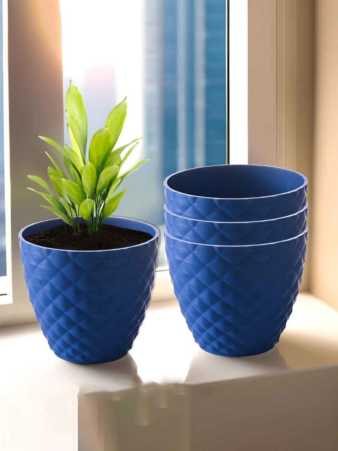 

Kuber Industries Blue 4 Pieces Diamond Textured Planters