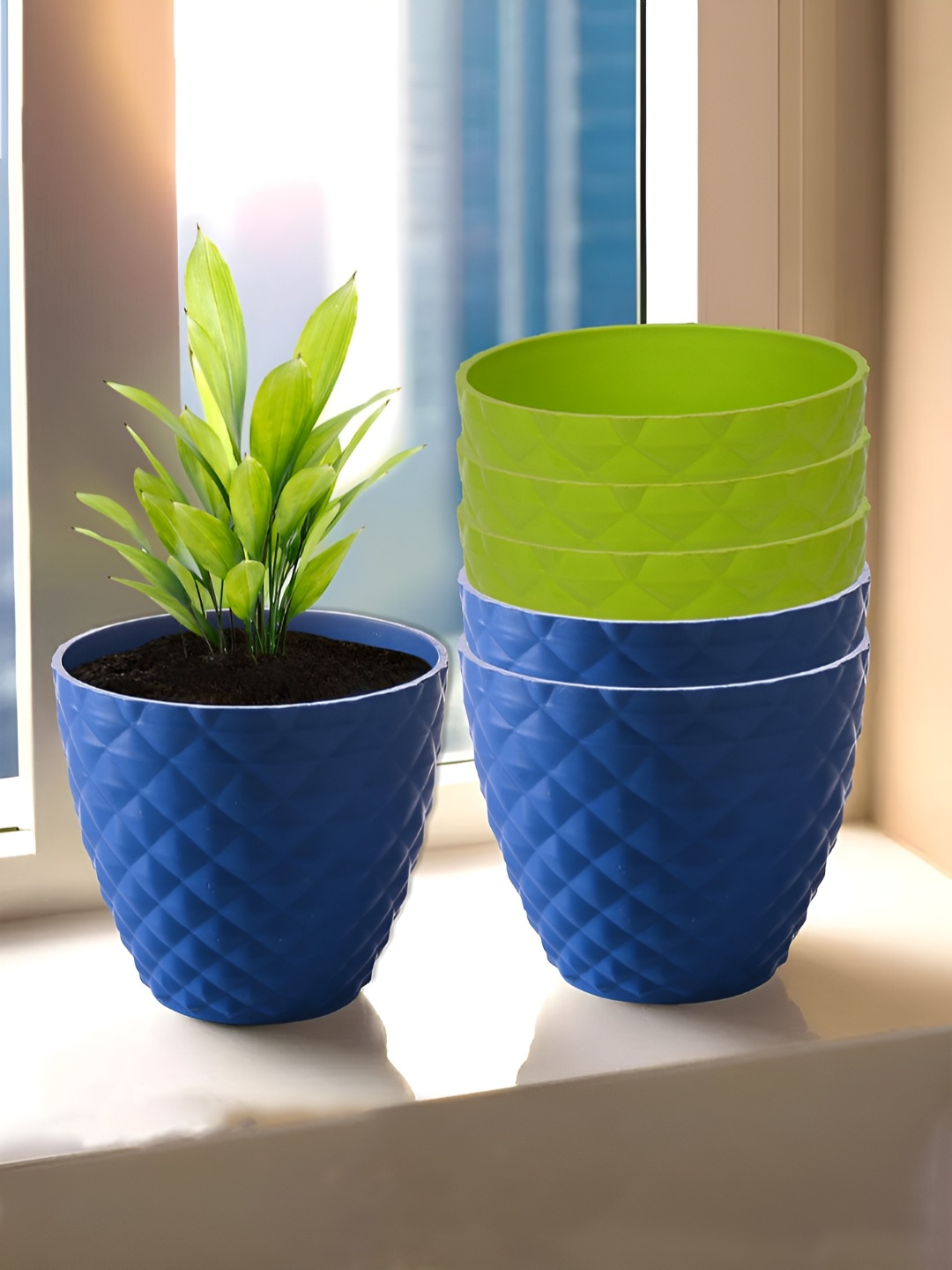 

Kuber Industries Blue & Green 6 Pieces Textured Planters