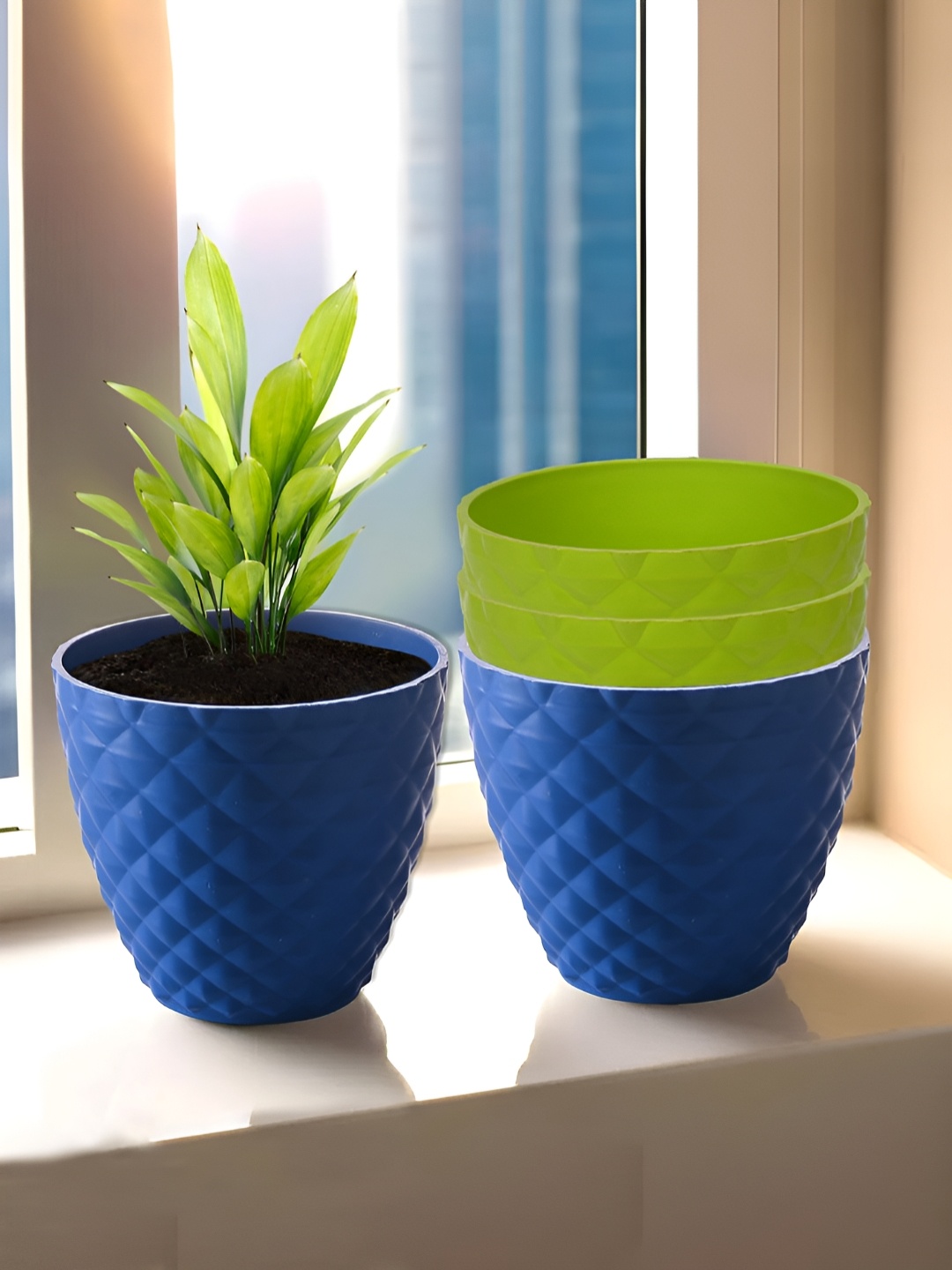 

Kuber Industries Blue & Green 4 Pieces Textured Planters