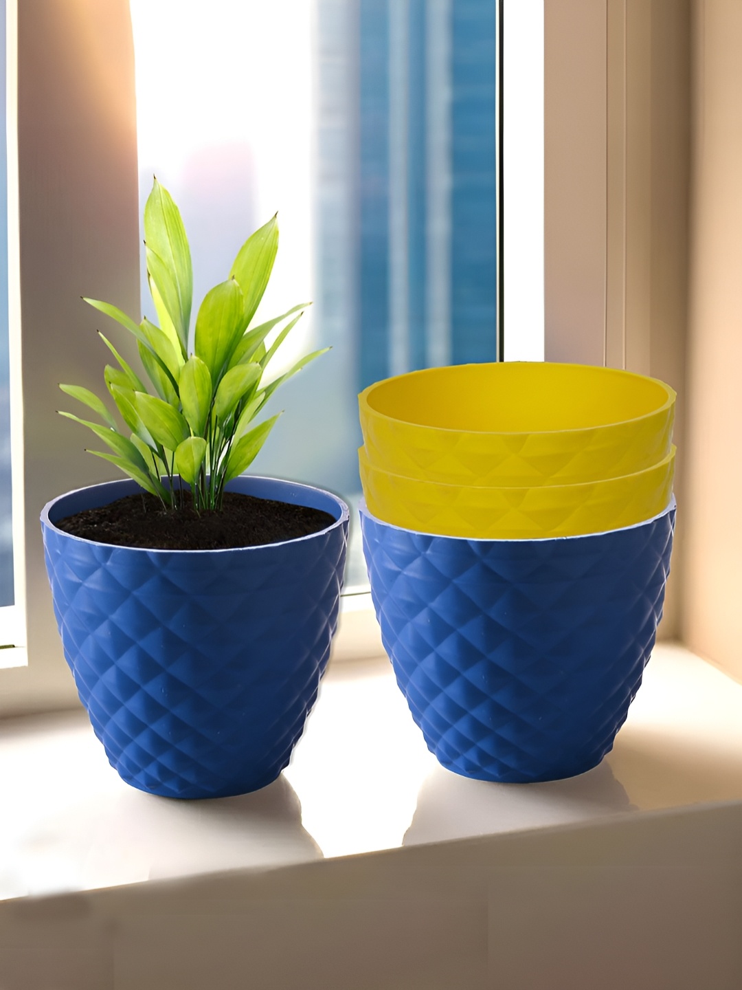 

Kuber Industries Blue & Yellow 4 Pieces Textured Planters