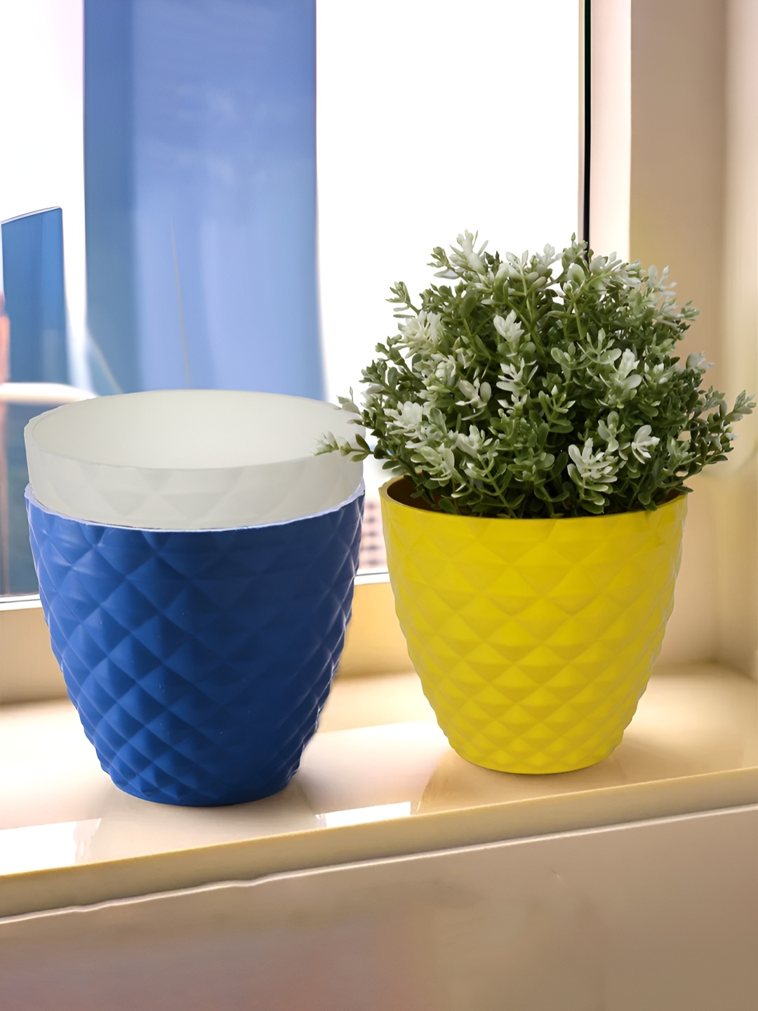 

Kuber Industries Blue & Yellow 3 Pieces Textured Planters