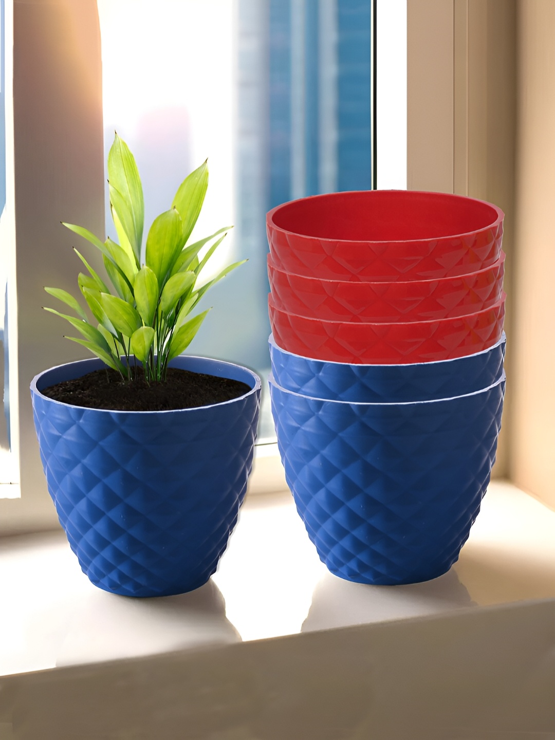 

Kuber Industries Blue & Red 6 Pieces Textured Planters