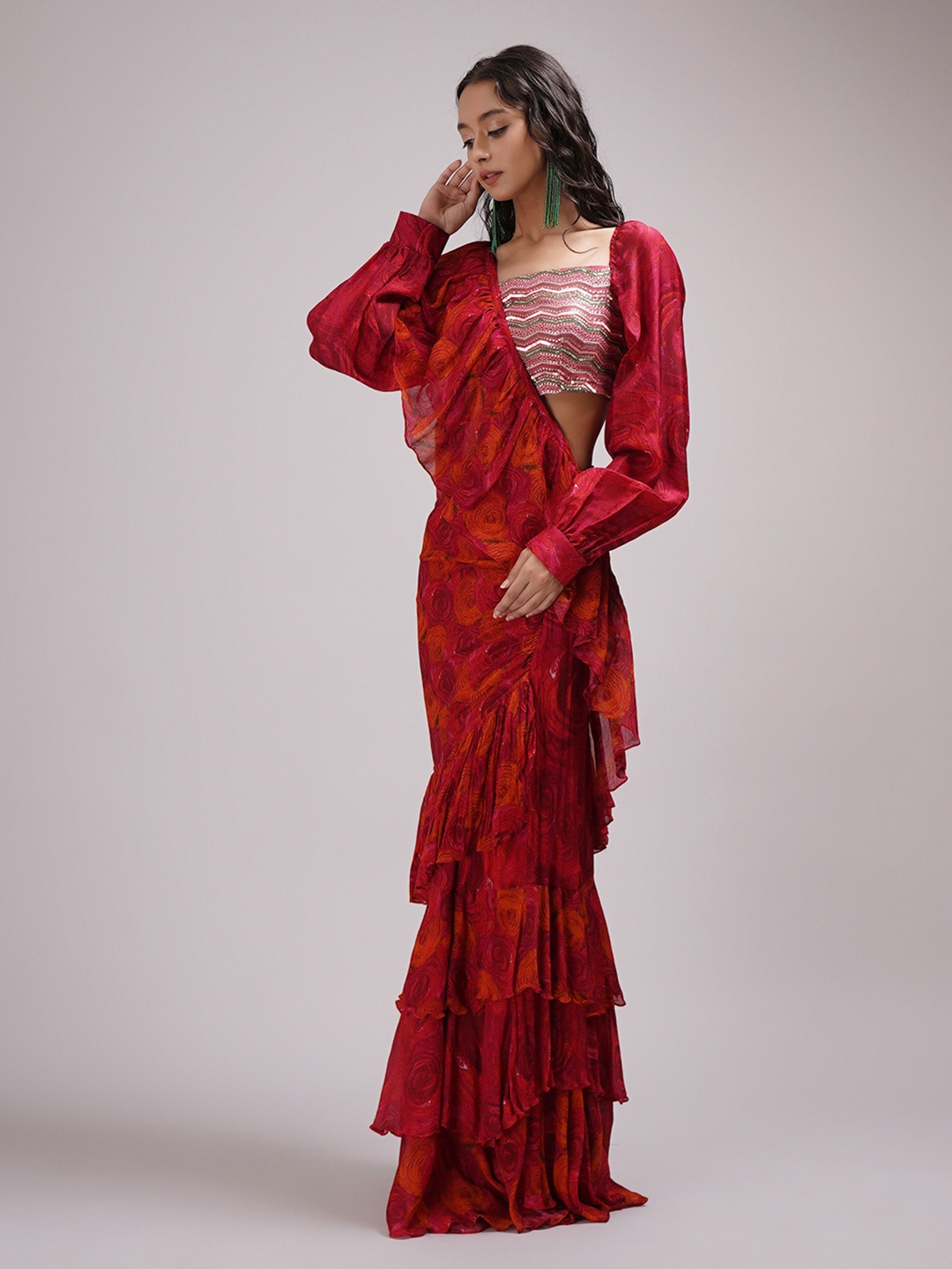 

Breathe by Aakanksha Singh Floral Printed Ruffles Saree, Fuchsia