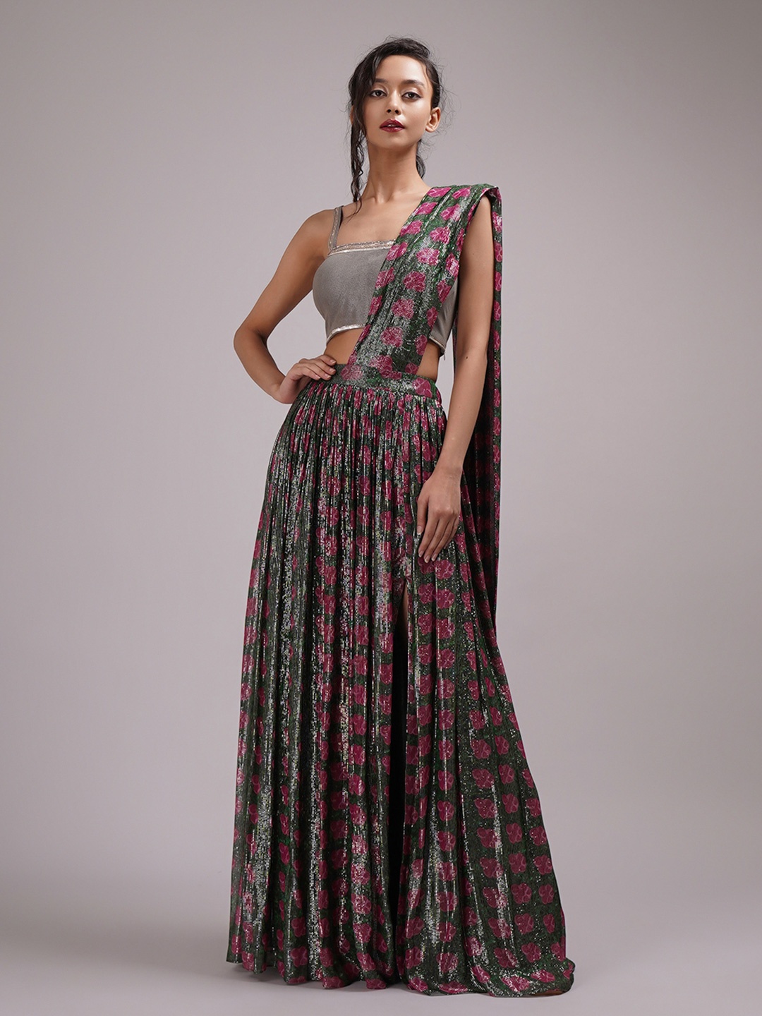 Breathe by Aakanksha Singh Floral Pure Georgette Fusion Saree, Green