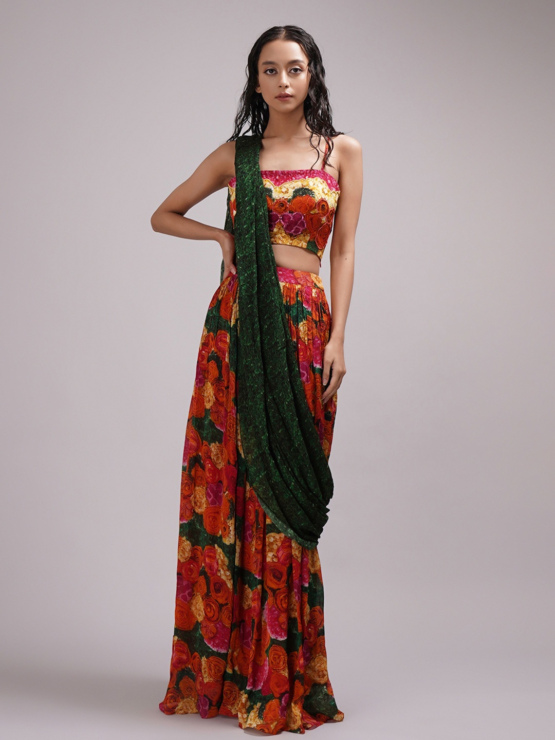 

Breathe by Aakanksha Singh Floral Fusion Saree, Green