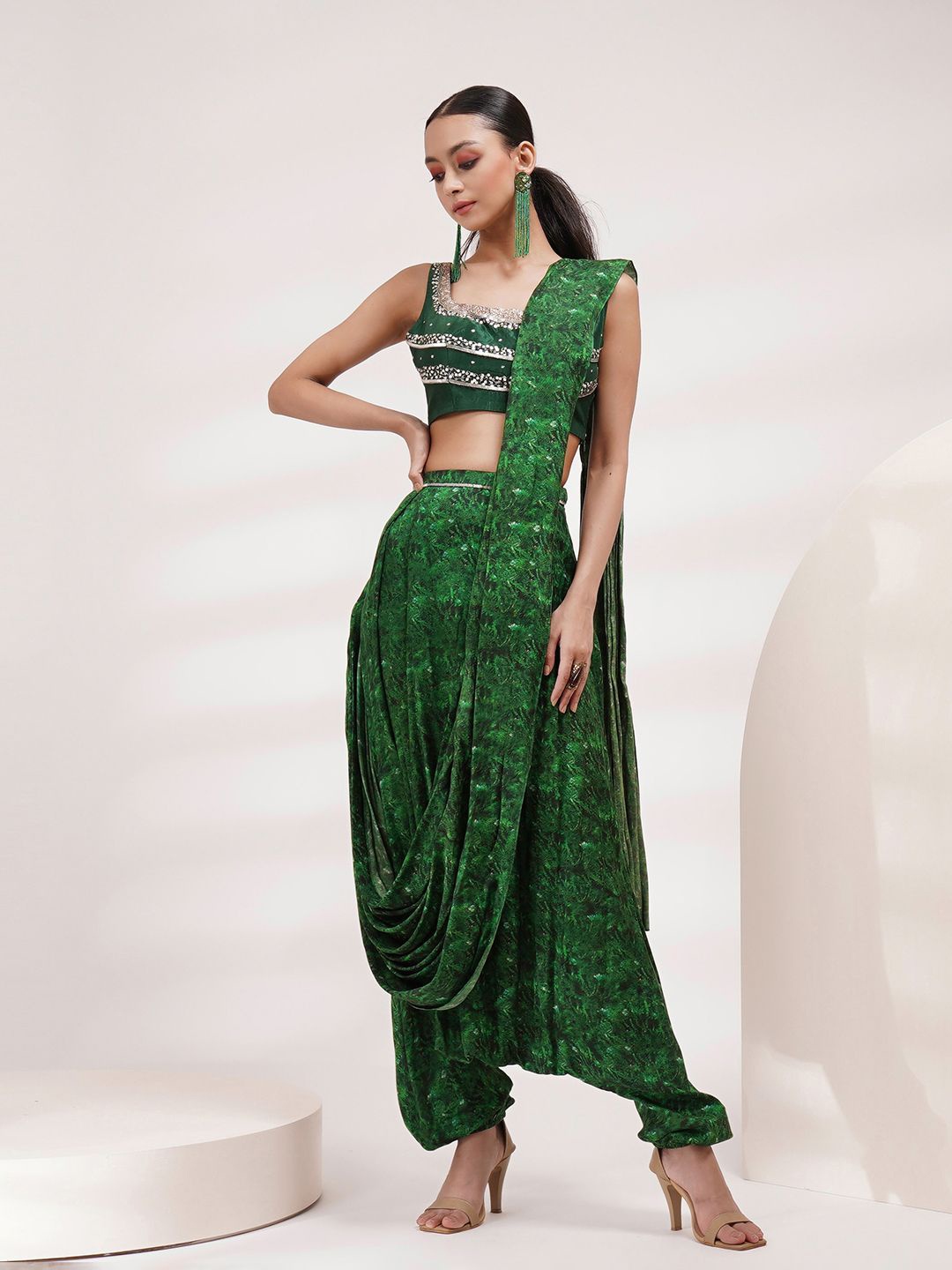 

Breathe by Aakanksha Singh Sequinned Dhoti Saree, Green