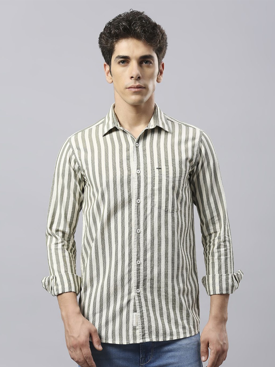 

Klub Fox Men Slim Fit Opaque Striped Casual Shirt, Olive