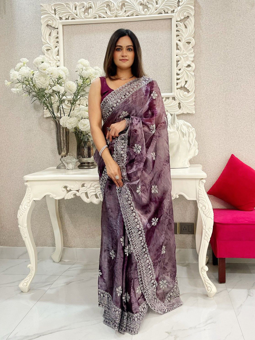 

LeeliPeeri Designer Floral Embroidery Work Saree, Purple