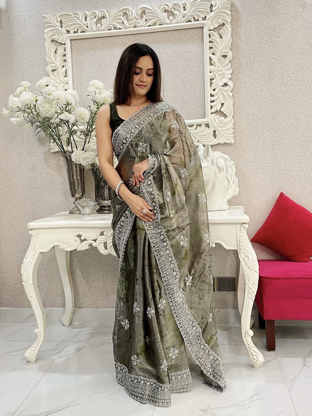

LeeliPeeri Designer Floral Embroidered Saree, Olive
