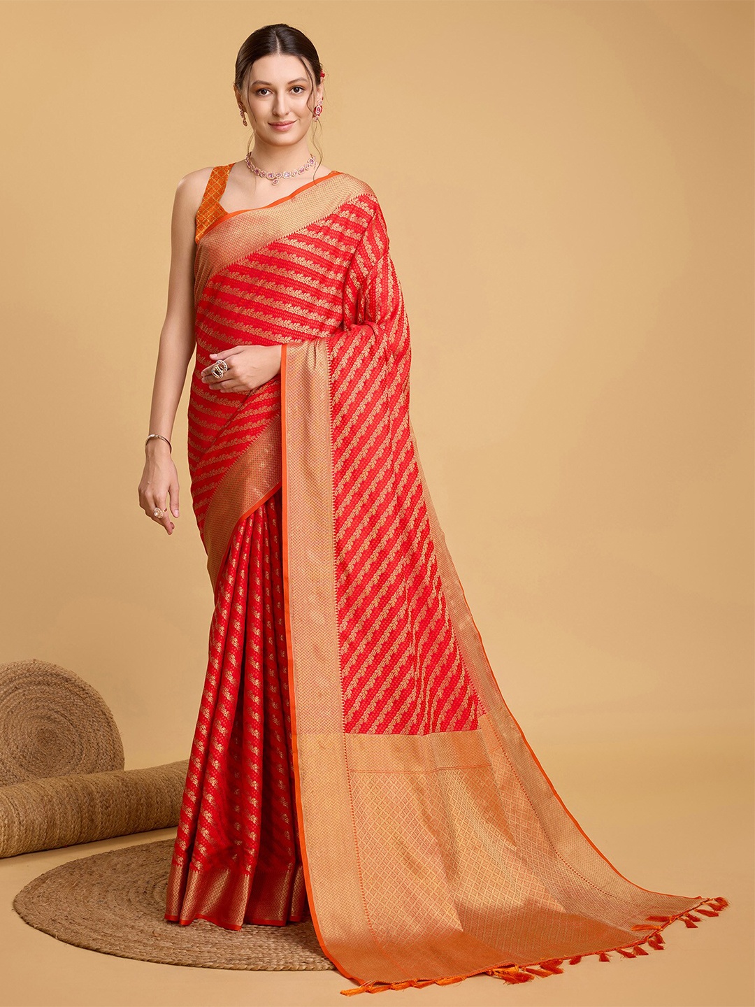 

Upalksh Striped Zari Banarasi Saree, Red