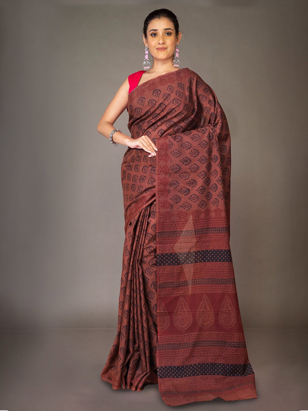 

Unnati Silks Handloom Bagh Printed Saree, Brown