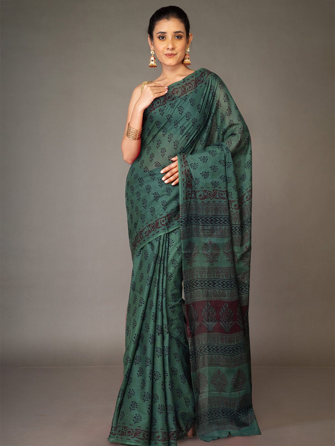 

Unnati Silks Printed Handloom Bagh Saree With Blouse Piece, Green