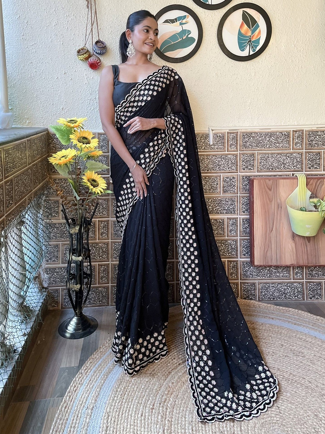 

LeeliPeeri Designer Floral Embroidered Pure Georgette Saree, Black