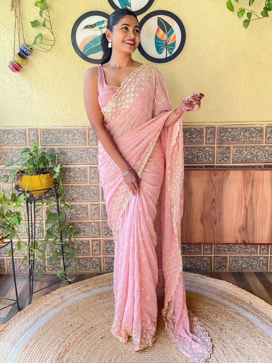 

LeeliPeeri Designer Embroidered Pure Georgette Saree, Pink