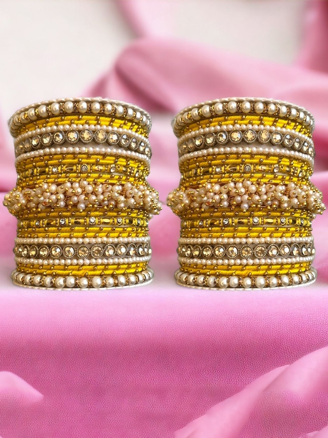 

leshya Set Of 46 Brass-Plated Stone-Studded Bangles, Beige