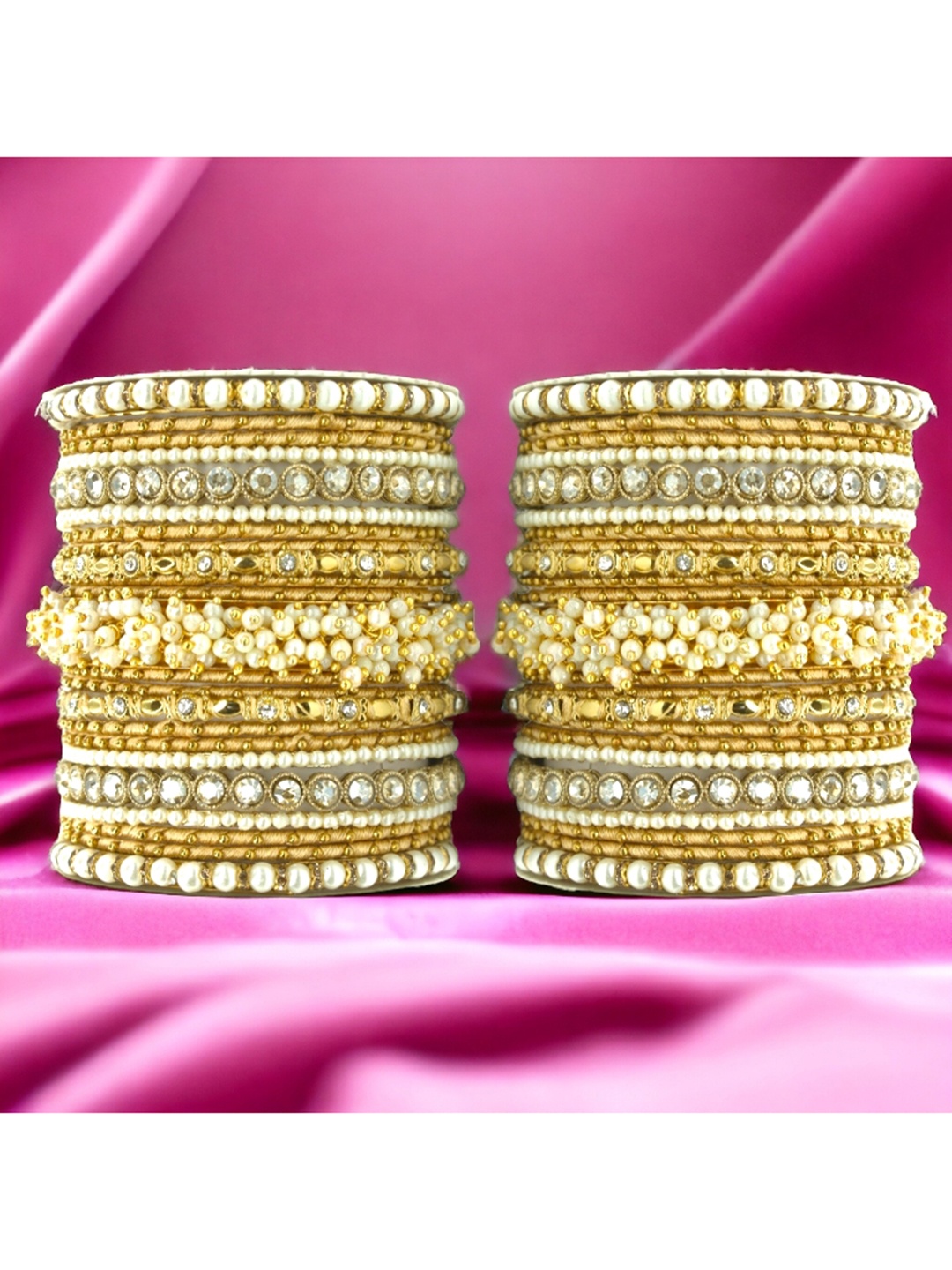 

leshya Set Of 46 Brass-Plated Stones-Studded & Beads Bangles, Gold