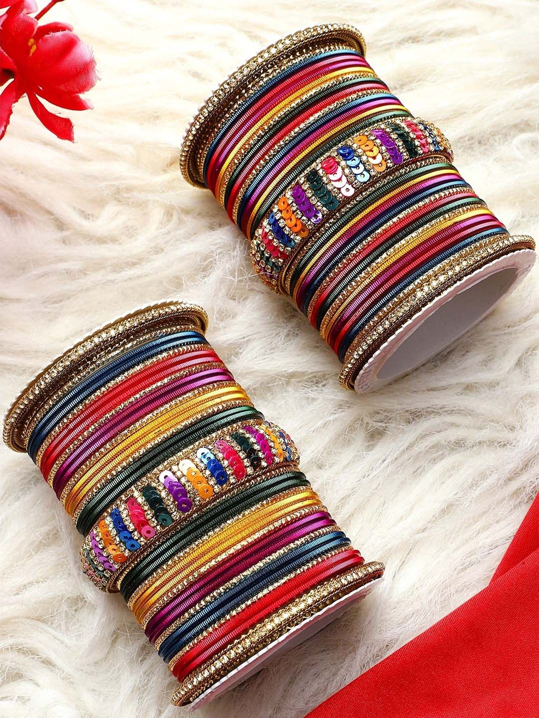 

leshya Set Of 70 Brass Plated Kundan Studded Bangles, Blue