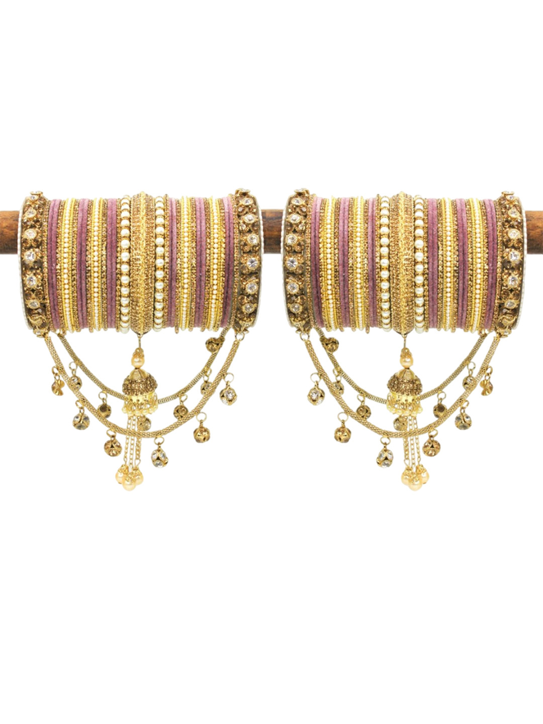 

leshya Set Of 66 Brass Plated Stones Studded & Beaded Bangles, Mauve