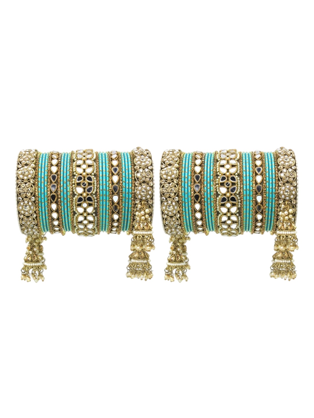 

leshya Set Of 50 Brass Plated Mirror Studded Bangles, Teal