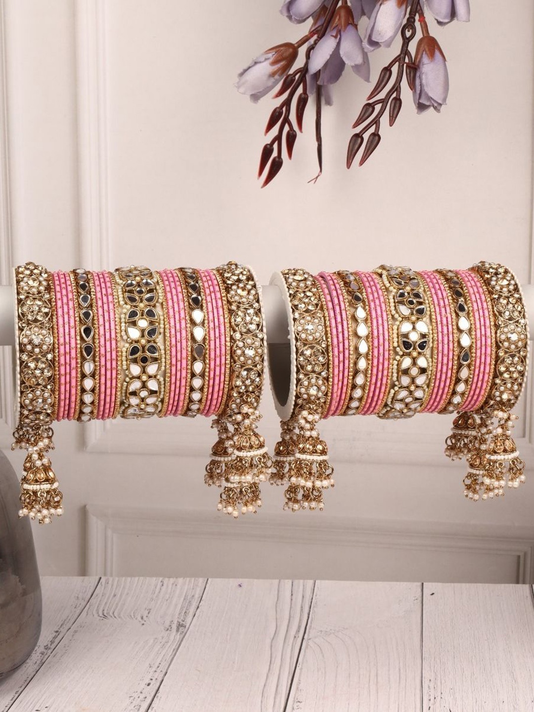 

leshya Set Of 50 Brass-Plated Stone-Studded Bangles, Beige