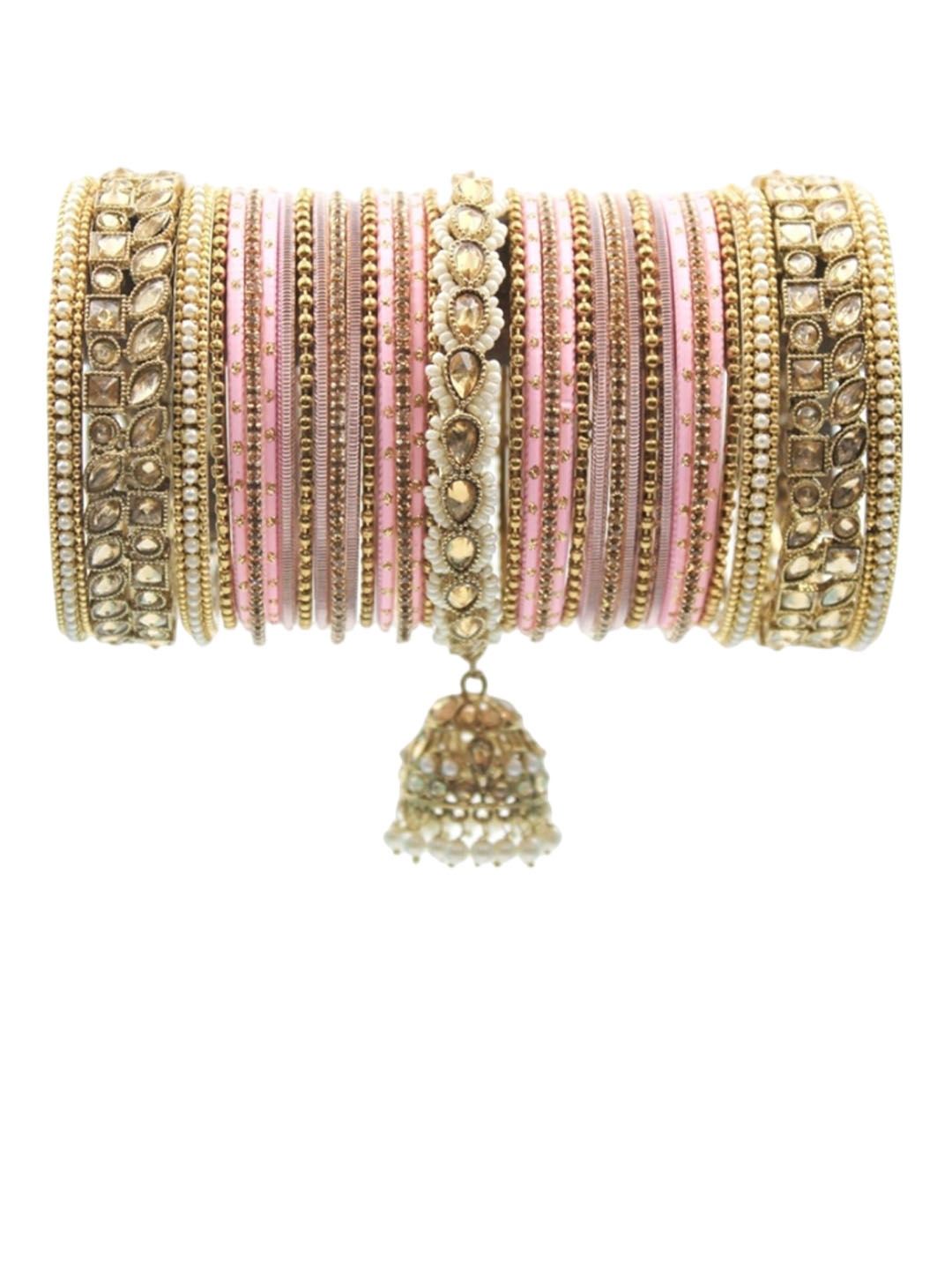 

leshya Set Of 70 Brass-Plated Kundan Studded & Beaded Jhumki Bangles, Beige