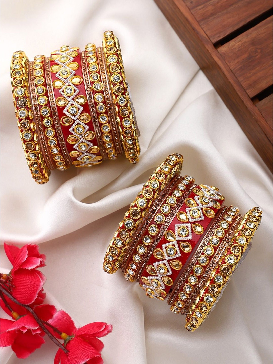 

leshya Set Of 18 Kundan Studded & Beaded Bangles, Red