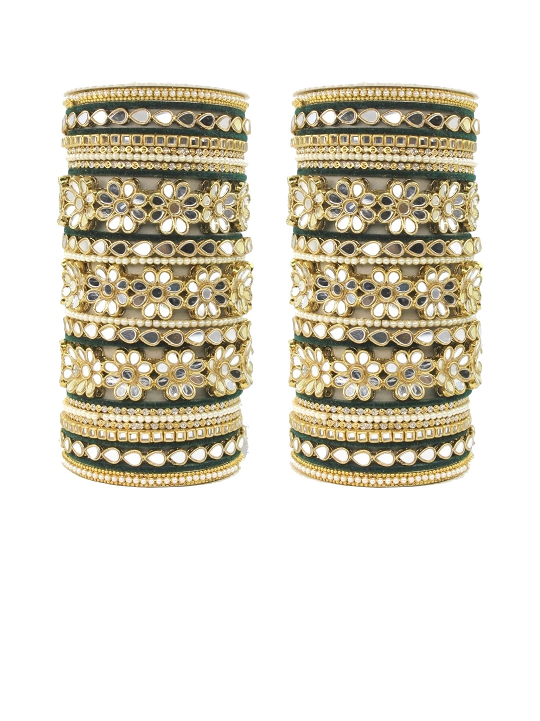 

leshya Set of 30 Brass-Plated Stone-Studded & Beaded Mirror Bridal Bangle Set, Green