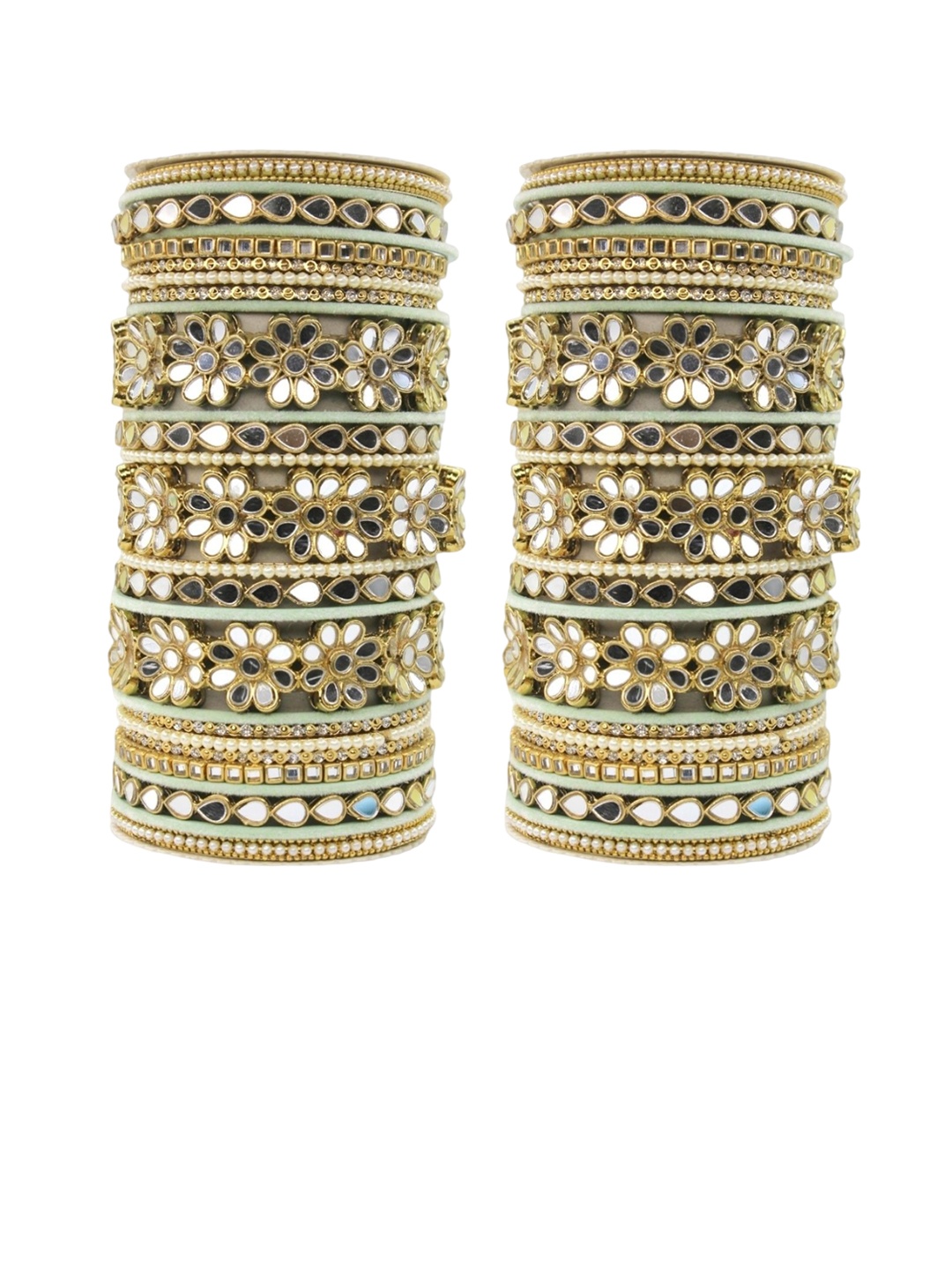 

leshya Set of 30 Artificial Stones and Beads Brass Plated Mirror Bangles, Gold