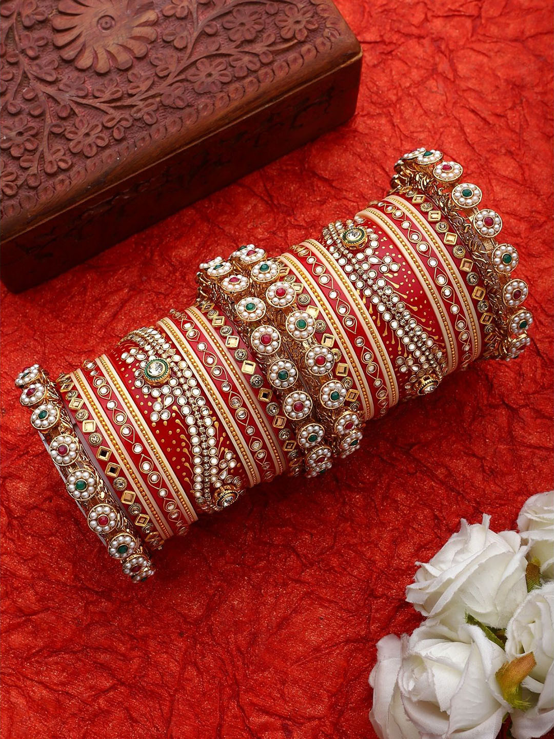 

leshya Set Of 22 Artificial Stones & Beads Studded Bangles, Red