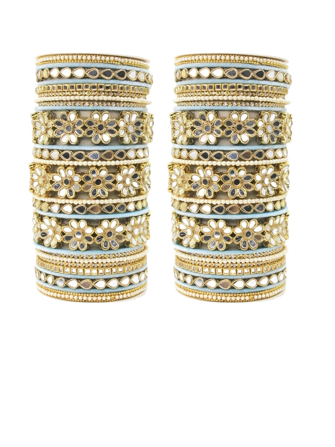 

leshya Set of 30 Artificial Stones and Beads Brass Plated Mirror Bangles, Gold