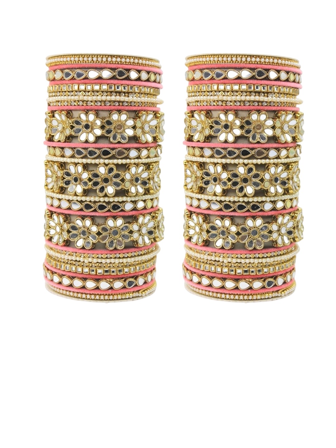 

leshya Set of 30 Artificial Stones and Beads Brass Plated Mirror Bangles, Gold