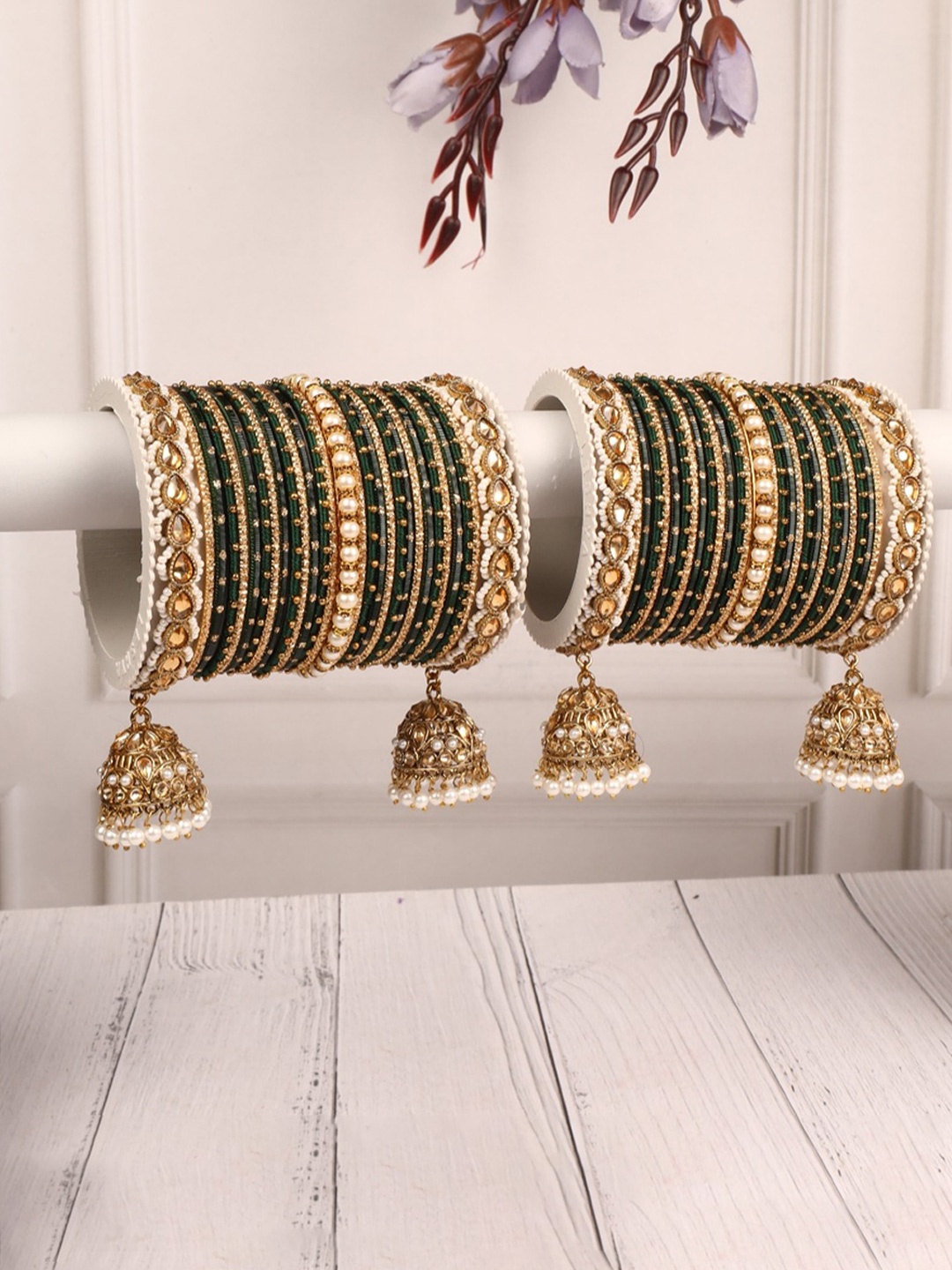 

leshya Set Of 50 Brass Plated Kundan Studded Bangles, Green