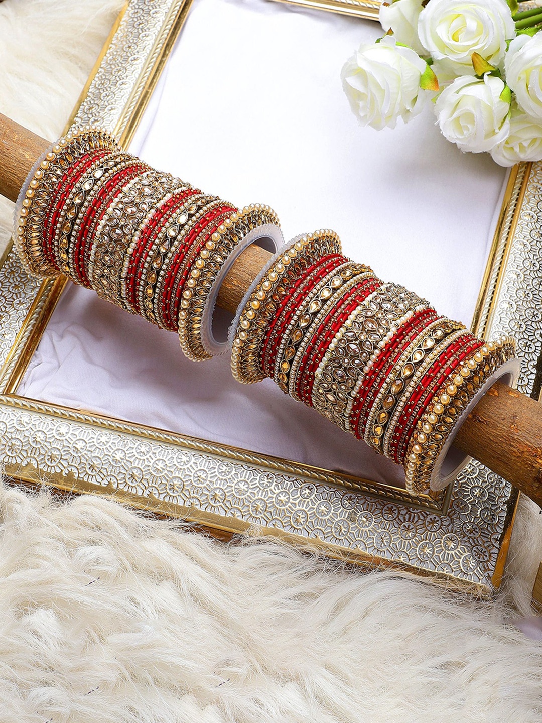 

leshya Set Of 50 Brass Plated Stone Studded Bangles, Red