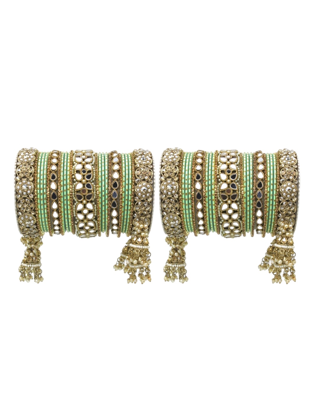 

leshya Set Of 50 Brass-Plated Mirror & Stones Studded Bangles, Olive