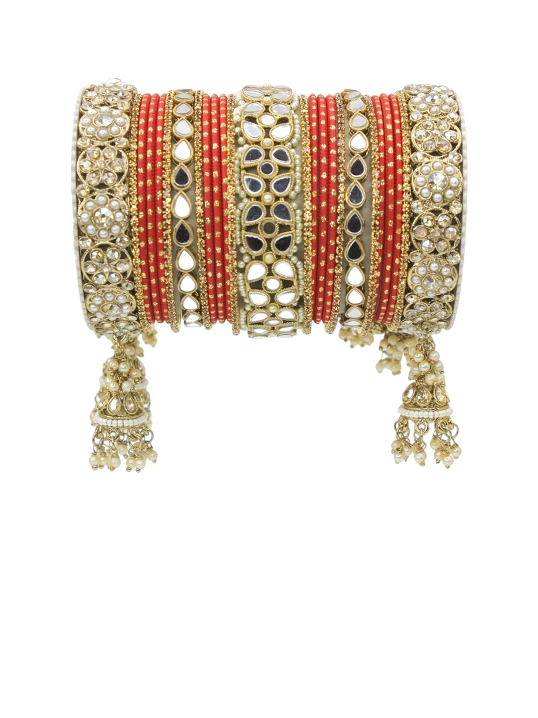 leshya Set Of 50 Brass Plated Stone Studded Bangles, Red