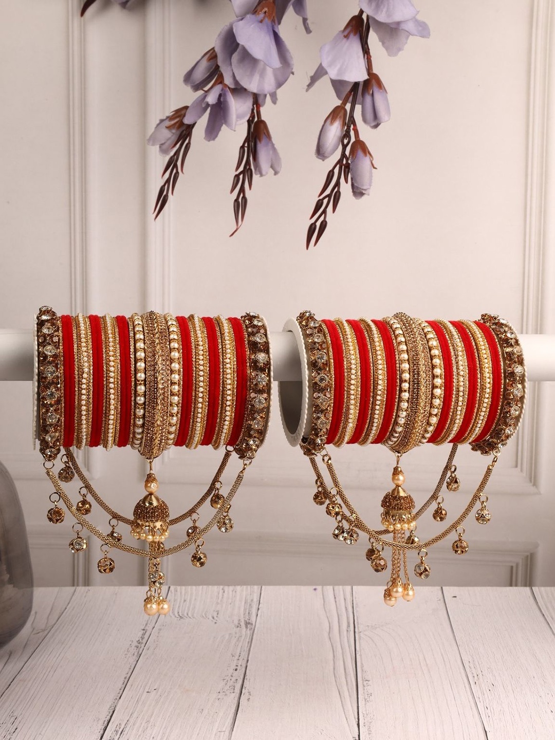

leshya Set Of 66 Brass Plated Kundan Studded & Beaded Bangles, Beige