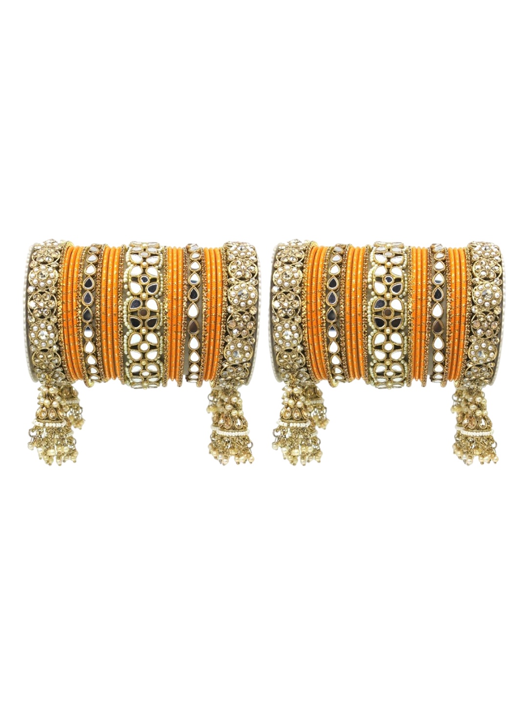 

leshya Set Of 50 Brass-Plating Mirror & Kundan Studded Bangles, Orange