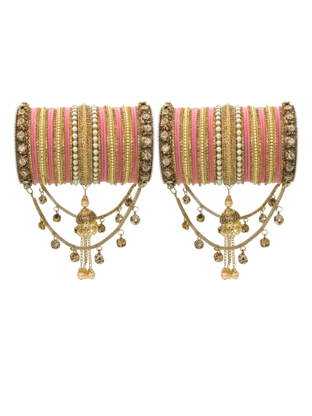 

leshya Set Of 66 Kundan Studded & Beaded Brass Plated Bangles, Pink