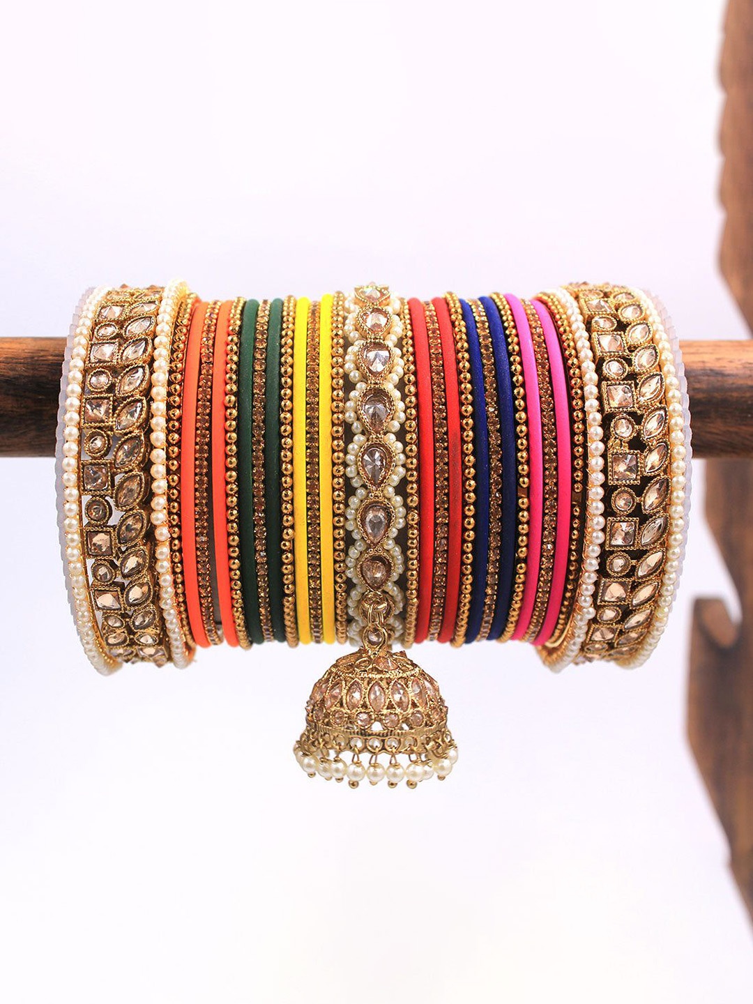 

leshya Set Of 70 Brass Plated Kundan Studded & Beaded Bangles, Pink