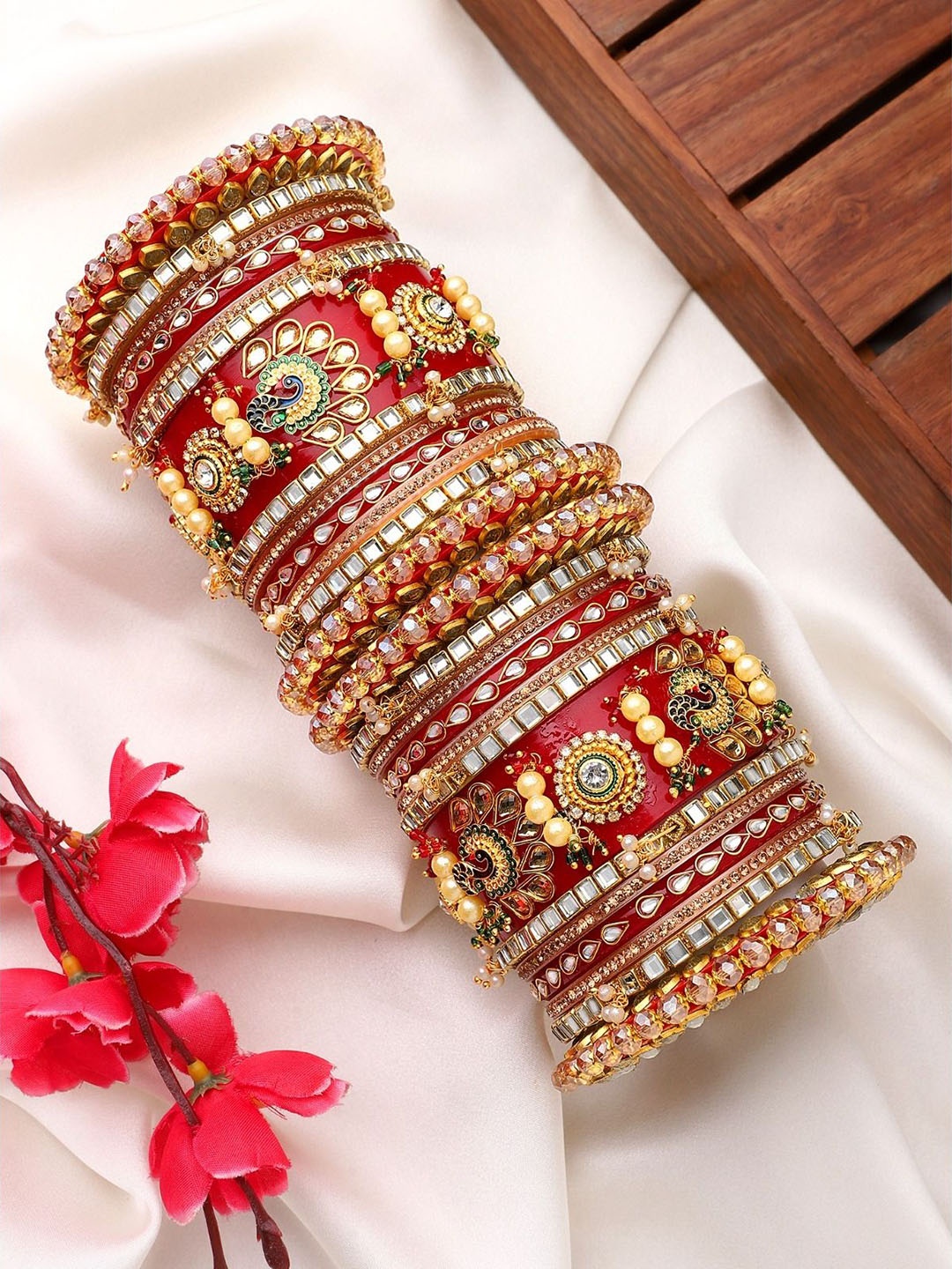 

leshya Set of 26 Stone-Studded & Beaded Rajasthani Bridal Bangles, Red