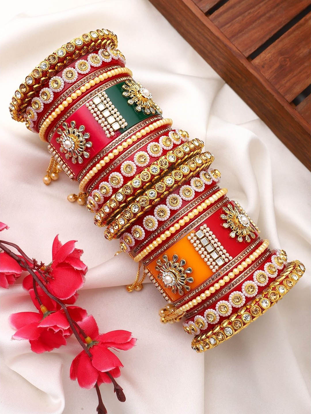 

leshya Set Of 22 Gold-Plated Stone-Studded Bangles, Red