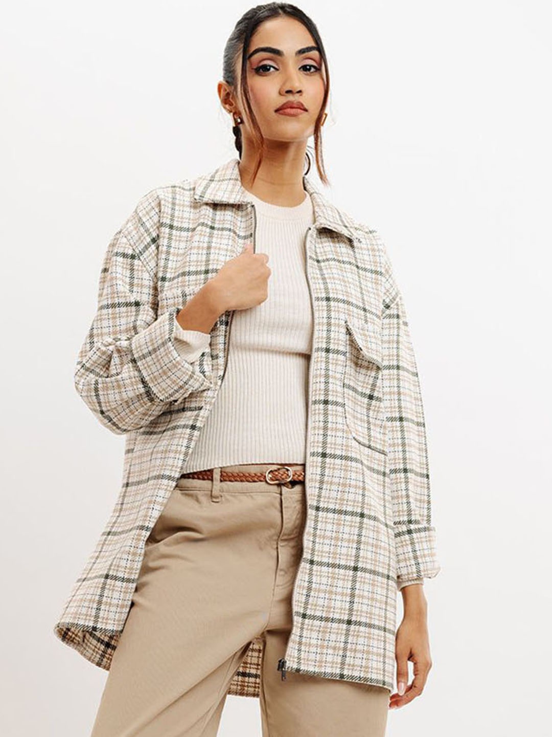 

FREAKINS Women Checked Longline Open Front Jacket, Cream