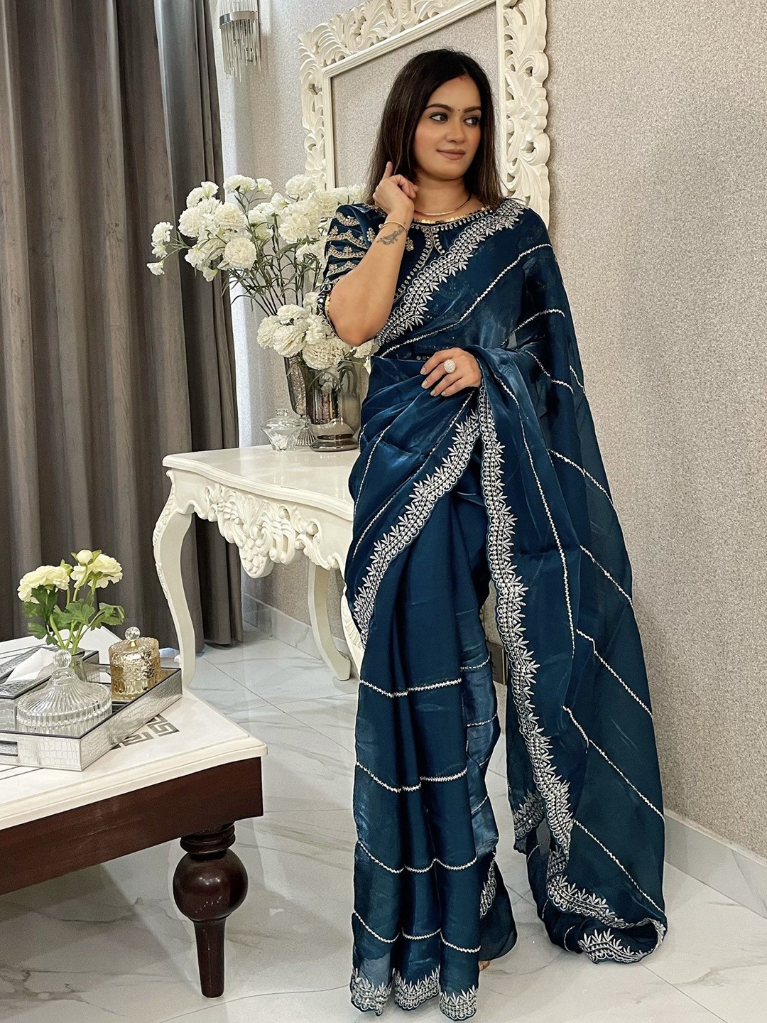 

LeeliPeeri Designer Ethnic Motifs Embroidered Heavy Work Saree, Blue