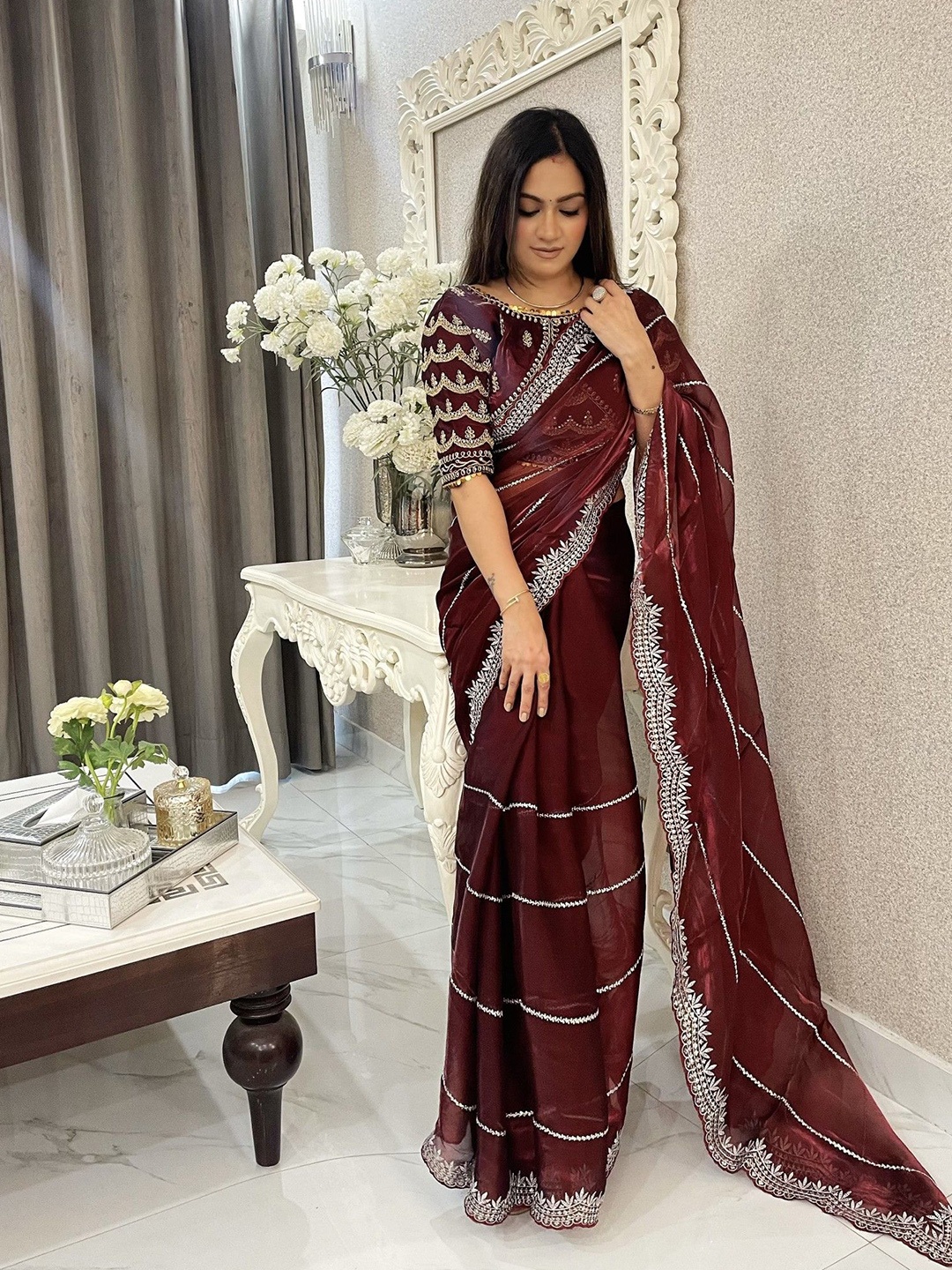 

LeeliPeeri Designer Embroidered Saree With Blouse Piece, Maroon