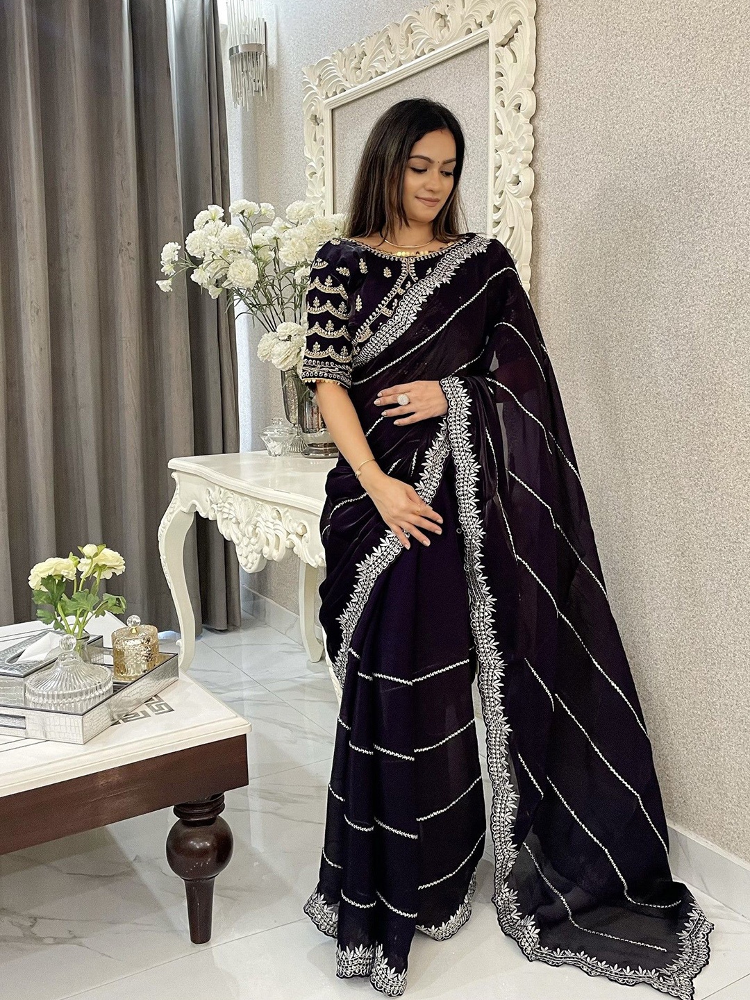 

LeeliPeeri Designer Embroidered Heavy Work Saree, Purple