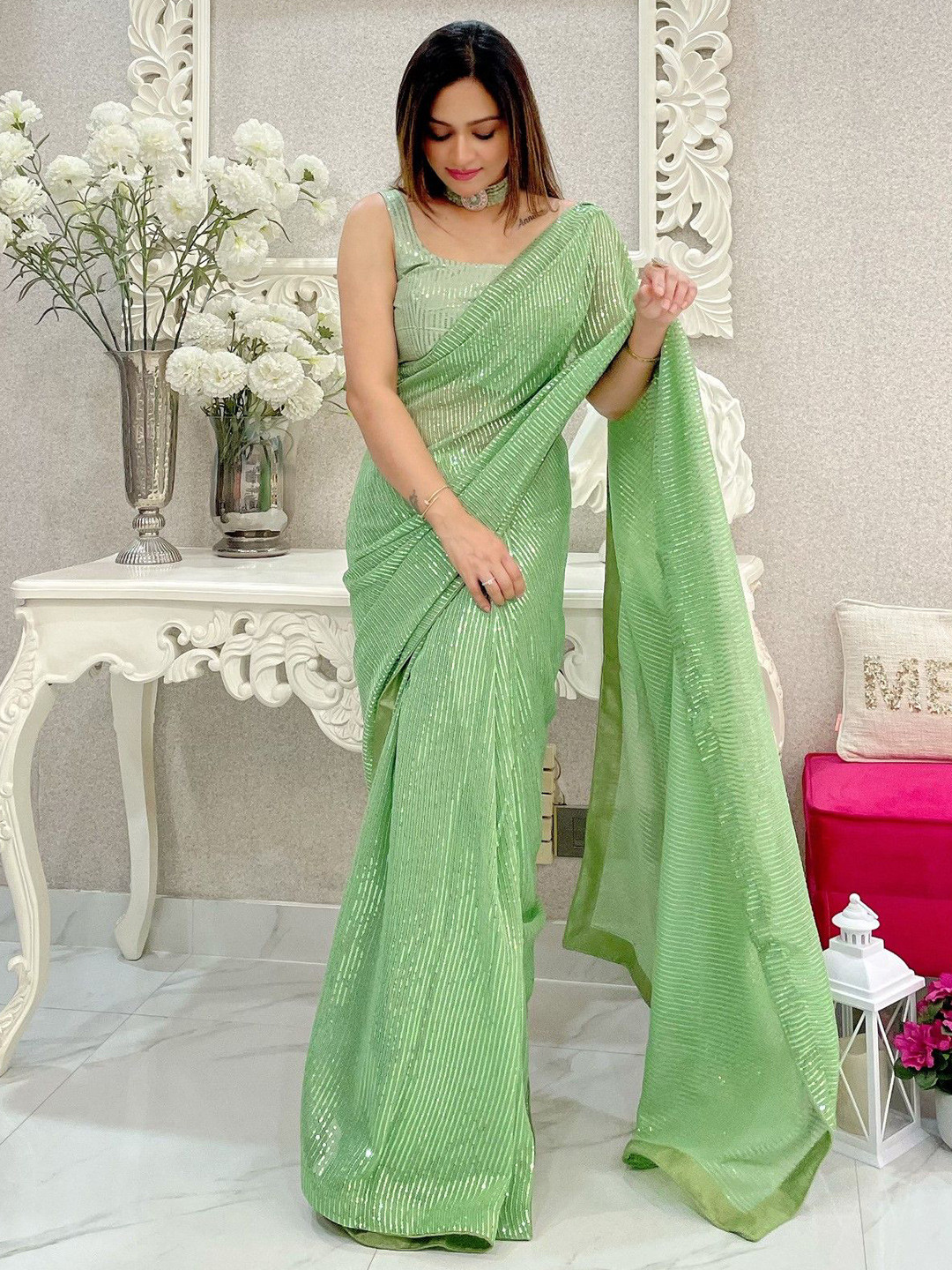 

LeeliPeeri Designer Striped Sequinned Saree, Lime green