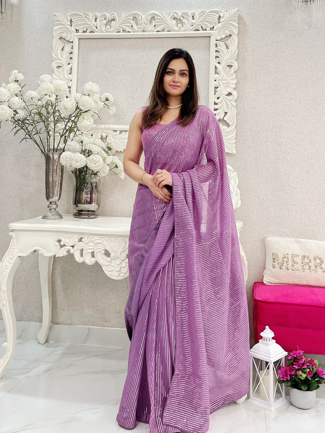 

LeeliPeeri Designer Embellished Sequinned Saree, Lavender