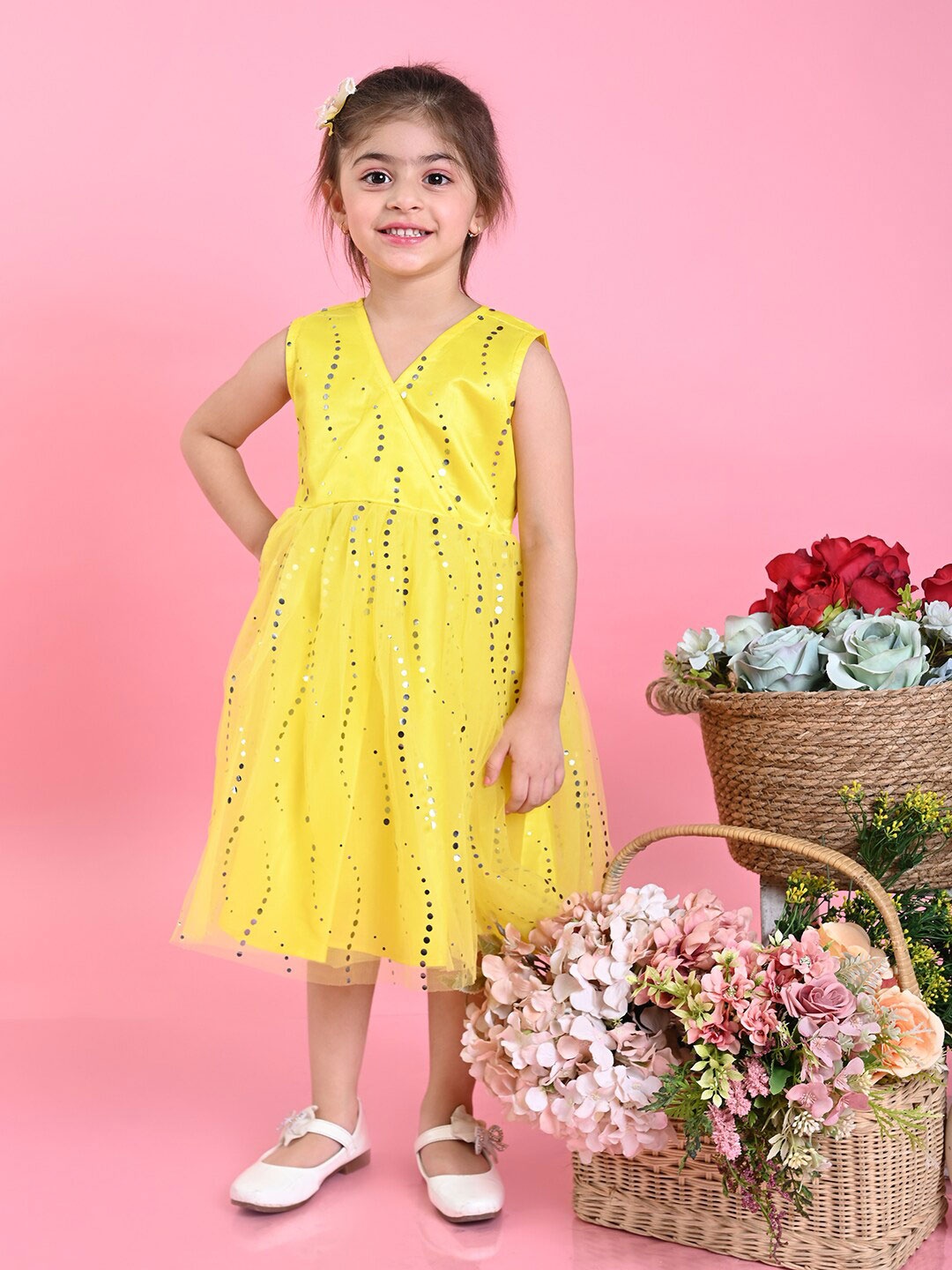 

SAKA DESIGNS Girls Floral Net A-Line Midi Dress, Yellow