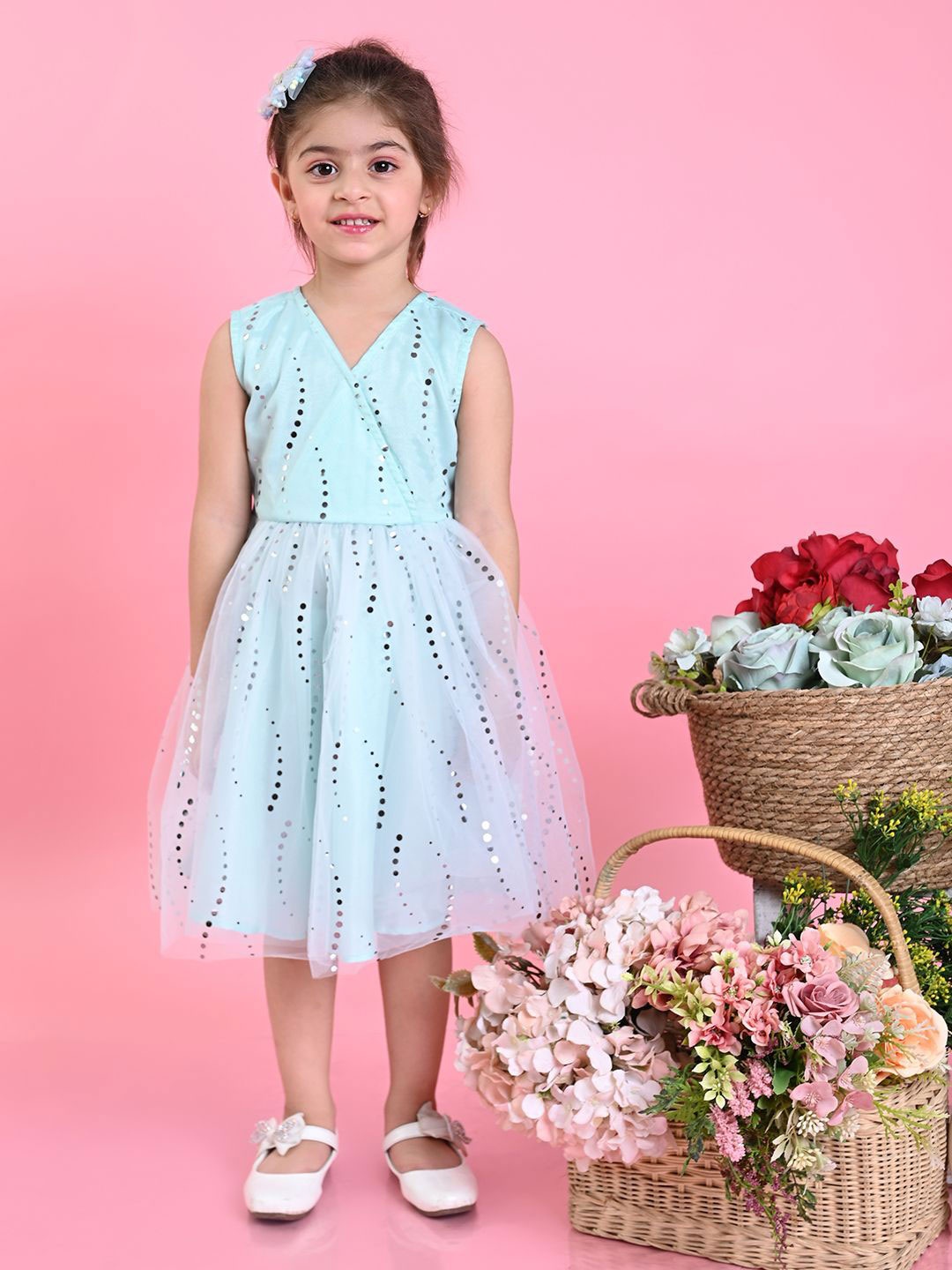 

SAKA DESIGNS Girls Printed Net Fit & Flare Dress, Blue