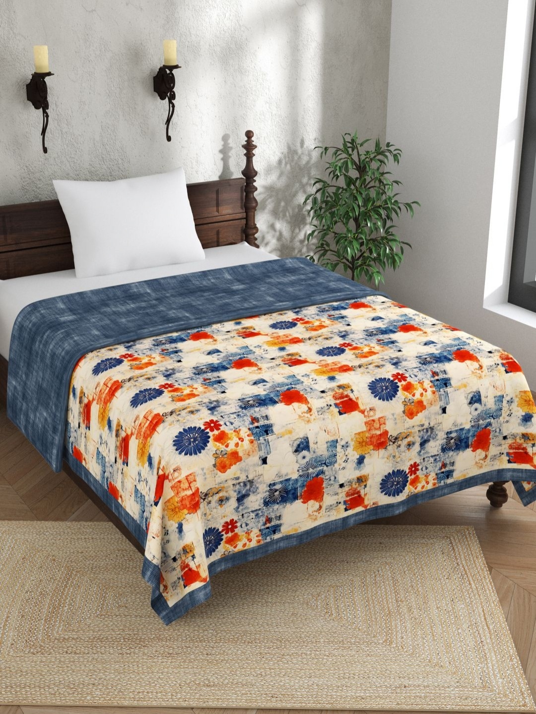 

EverHOME Cream-Coloured & Blue Floral Cotton AC Room 150 GSM Single Bed Dohar